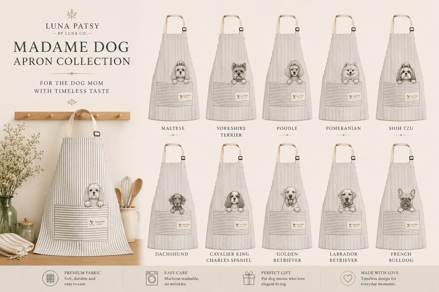 Madame Dog Apron, fine-line portrait product