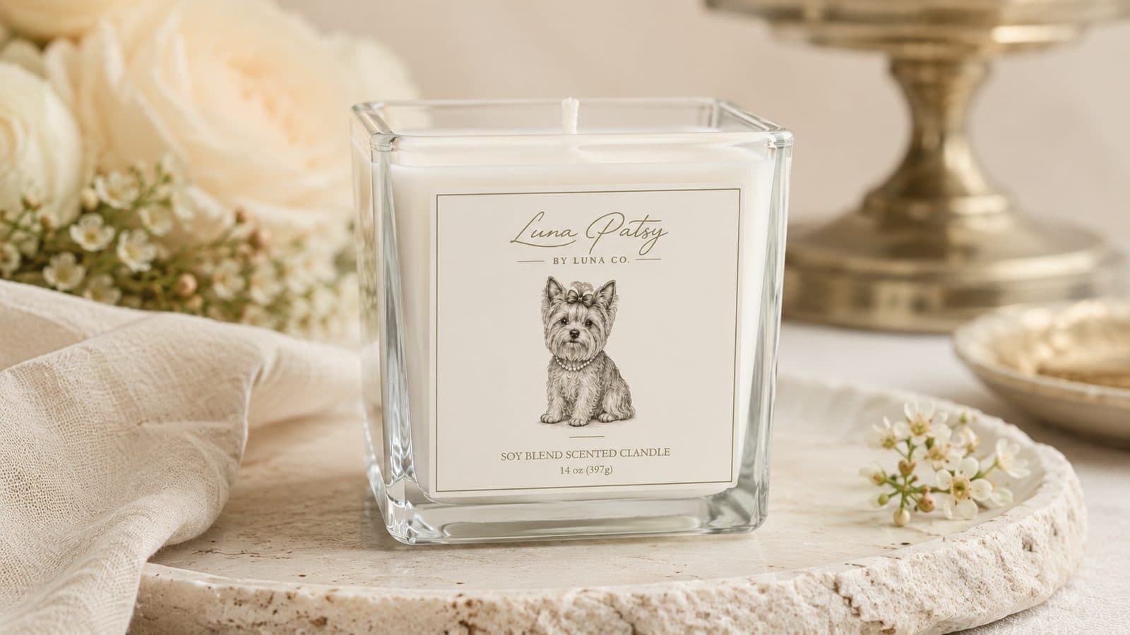 Maltese Soy Candle, fine-line portrait product