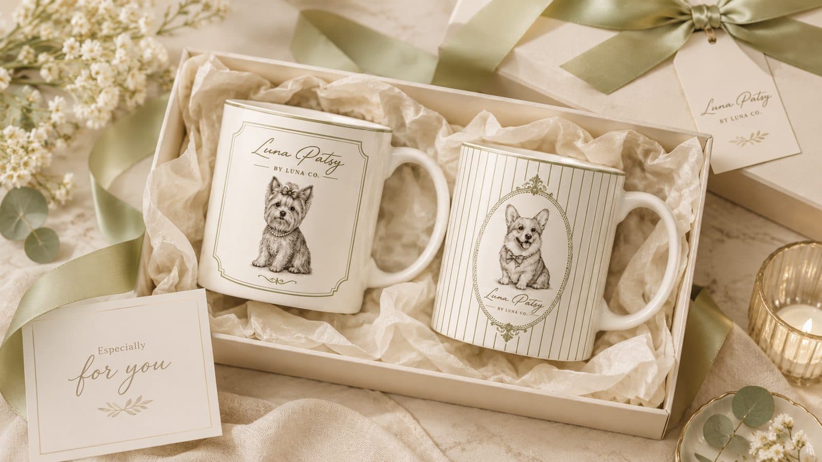 Two Luna Patsy mugs in a ribboned gift box with an Especially For You card