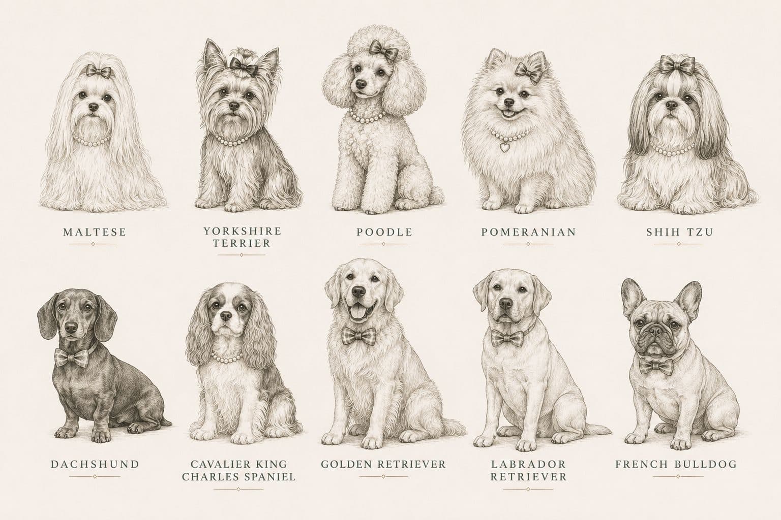 Fine-line portraits of ten dog breeds, the Luna Patsy muses