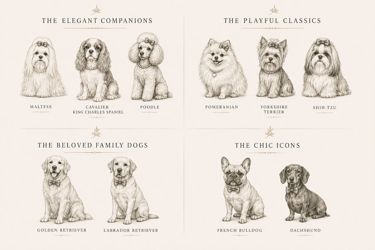 Fine-line portraits of the Luna Patsy breeds, grouped by character